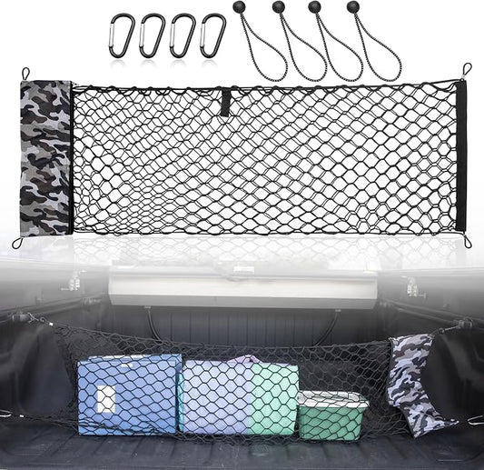 RED WOLF Truck Bed Cargo Net with Storage Bag Fit for GMC Sierra/Chevy Silverado/Ford F-150, Universal Envelope Style Pickup Truck Elastic Organizer Net Groceries Storage Netting