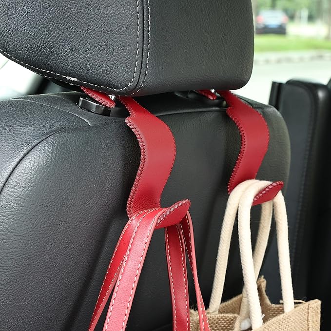Amooca Car Seat Headrest Hook Universal Vehicle Storage Hanger Leather with Metal Car Seat Back Organizer for Handbag Purse Coat Wine 2 Pack