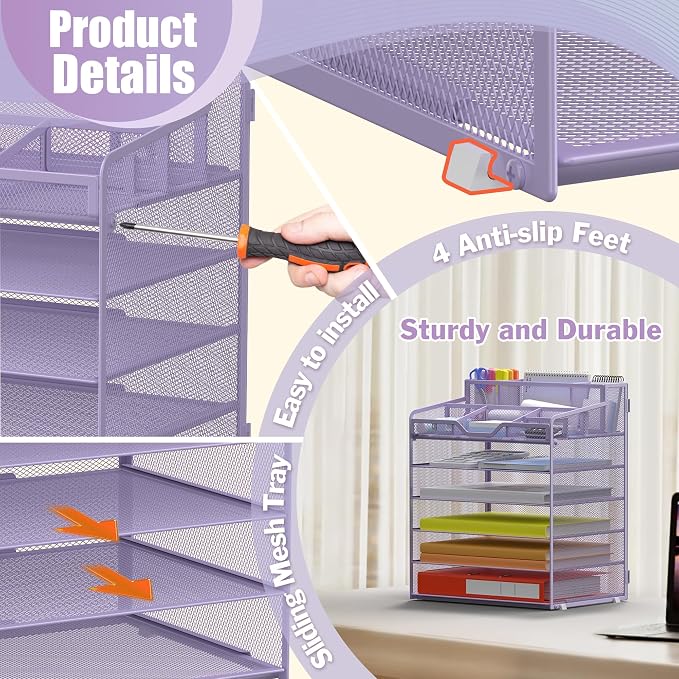 Docnest 6 Tier Mesh Desk Organizer for Paper Office Supplies – Multi-Functional Letter Tray with 5 Adjustable Compartments, 5 Pen Holders, Desktop Storage for Files, Mail, Stationery – Purple