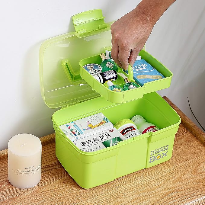 Kinsorcai 11'' Plastic Storage Box with Removable Tray, Multipurpose Organizer and Storage Case for Art Craft and Cosmetic (Green)