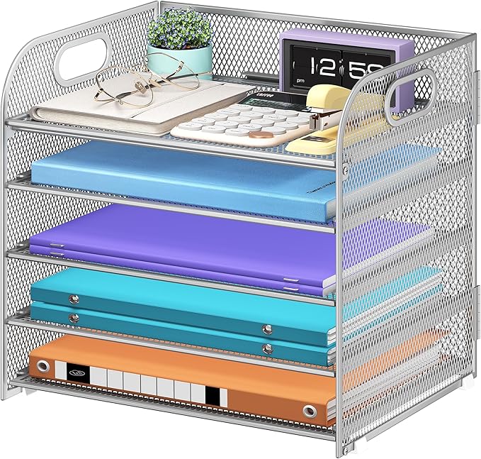 Cawukege 5 Tier Paper Organizer with Handle, Silver Metal Mesh Desk Organizer File Folder Paper Letter Tray Desktop Document Sorter for Classroom, School, Office Accessories Organization and Storage