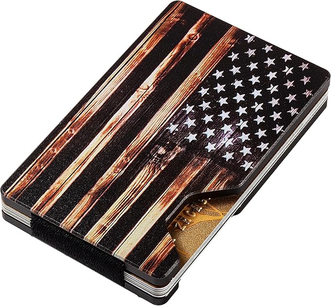 Slim Wallet for Men,RFID Blocking Minimalist Metal Wallet, Money Clip/Cash Holder, Front Pocket Aluminum Credit Card Holder, Ideal Gift for Men,Wood American USA Flag
