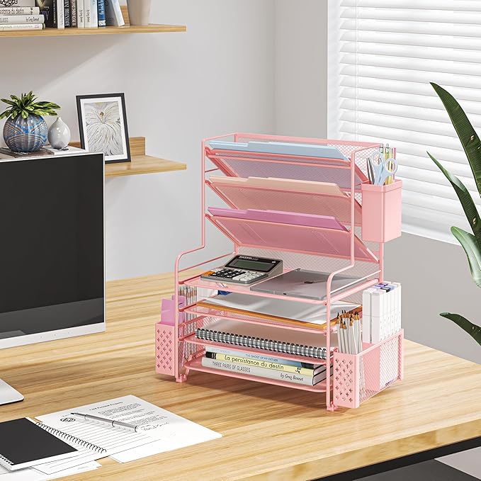Simple Trending 7 Tier Desk File Organizer, Letter Tray Paper Organizer with Pen Holder and Metal Hanging Basket, Pink