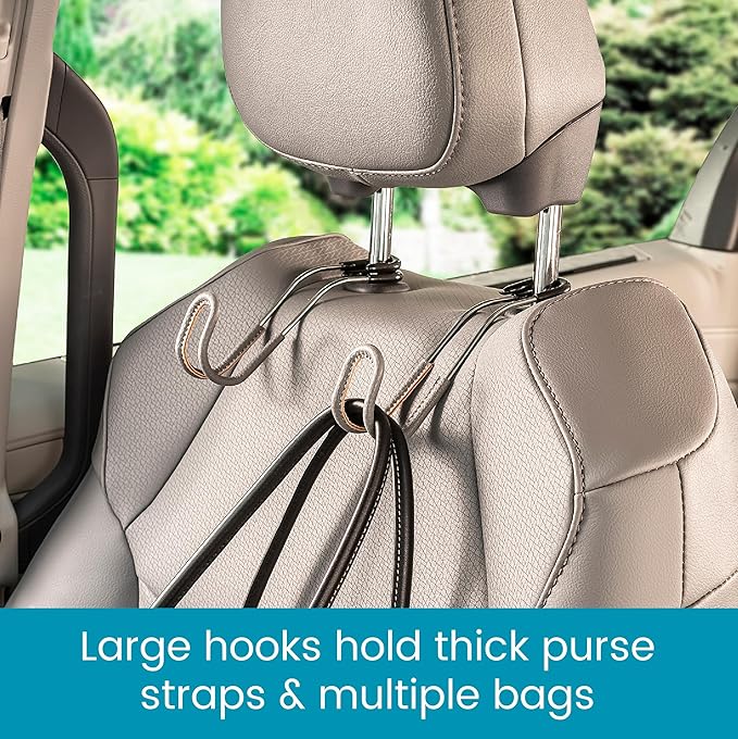 High Road Car Hooks for Purses and Bags with Leather Trim - Unbreakable Headrest Car Hooks for Large Purse Straps and Heavy Bags up to 40 lbs - Secure Attachment Loops Fit All Headrest Posts, 2-Pack