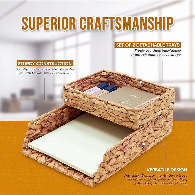 HAMOTOPI Desk Organizer Letter Tray Set of 2, Woven Water Hyacinth Tabletop Desktop for Storage Paper Letter Folders Notebooks Copy Print, Workspace Holder, Keep Stationery Saver