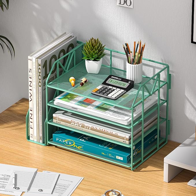 4-Tier Paper File Organizer with Bookend, Metal Desk Organizer, Tiered Paper Tray for Letter/A4 Files, Desktop Office Supplies Storage Rack for Home Office, Classroom, School & Work,Green