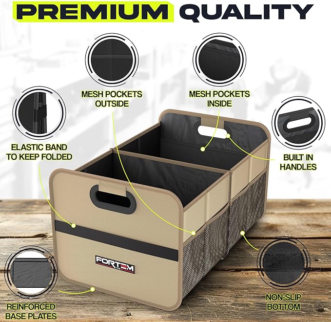 FORTEM Car Trunk Organizer, Collapsible Two Compartment Organizer, Foldable SUV & Truck Storage for Car Accessories for Women Men, Non Slip Bottom, Sturdy Side Walls, Strong Handles, 45L