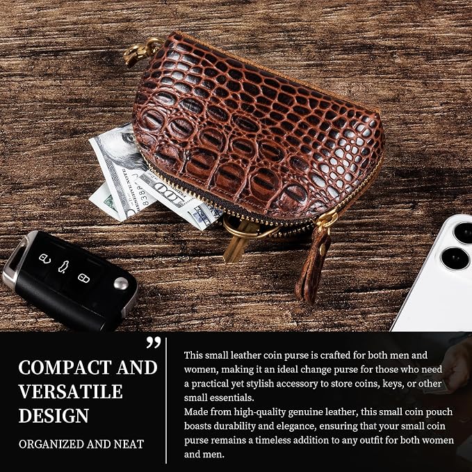 Gexmil Genuine Leather Coin Purse with Zipper, Full Grain Leather, Mini Coin Pouch for Women Men, Change Wallet,Crocodile Brown