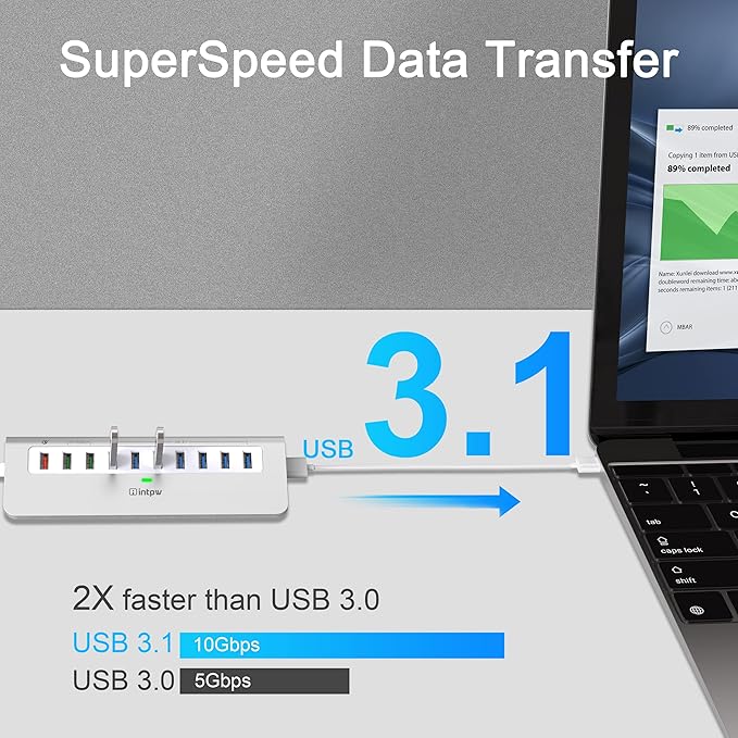 Powered USB Hub 10Gbps, 10 Port USB 3.2 Gen 2 Hub with 7 USB 3.2 Data Ports, 3 Fast Charging Ports, 36W Power Adapter, Type A and Type C Cable, Aluminum USB Data Hub for Mac, PC, Laptop