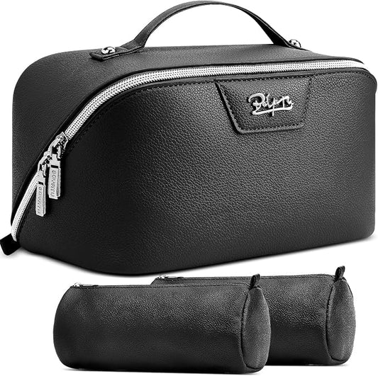 BOYATU Travel Makeup Bag Cosmetic Bags for Women: Large Capacity 3 Pcs Set Make up Bag with Compartments - Waterproof Vegan Leather Toiletry Organizer Bags with Handle (L26Black)