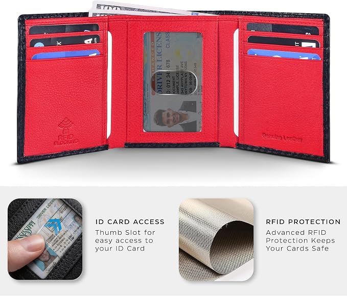 Tri fold Leather Wallet for Men with RFID | Slim Wallets for Men with 1 ID and 6 Credit card slots | Front Pocket Minimalist
