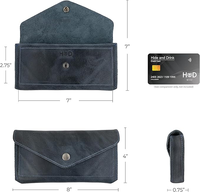 Hide & Drink, Full Grain Leather Large Female Wallet, Travel Organizer for Women, Vintage Money and Card Holder, Handmade, Slate Blue