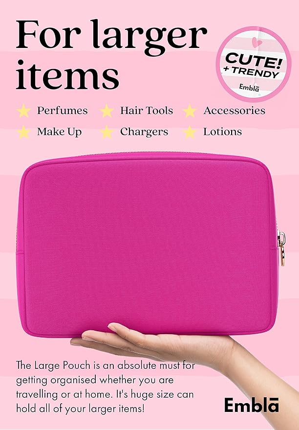 Embla Large Makeup Bag and Waterproof Nylon Travel Toiletry Bag, Large Capacity Cosmetic Zipper Pouch, Fuchsia Pink