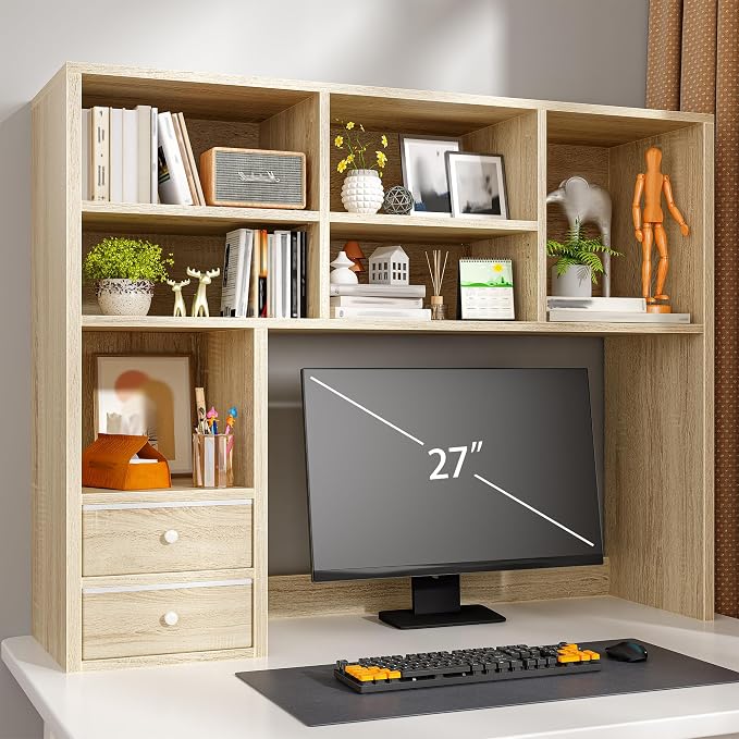 REIBII Desktop Bookshelf, High-Capacity Desk Hutch Organizer with 7 Shelves and 2 Drawers, Adjustable Bookshelf Storage, Desk Shelf for Top of Desk, Desk Hutch Dorm, Natural