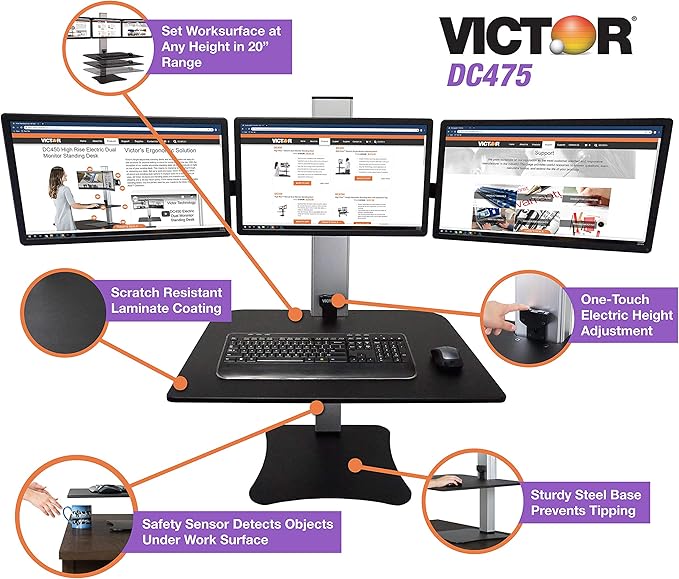 Victor DC475 High Rise Electric Triple Monitor Standing Desk Converter | Three Large Monitor Sit-Stand Desk | 28??Wide Work Surface | Compatible with Any Standard Desk | Adjustable Monitor Holder