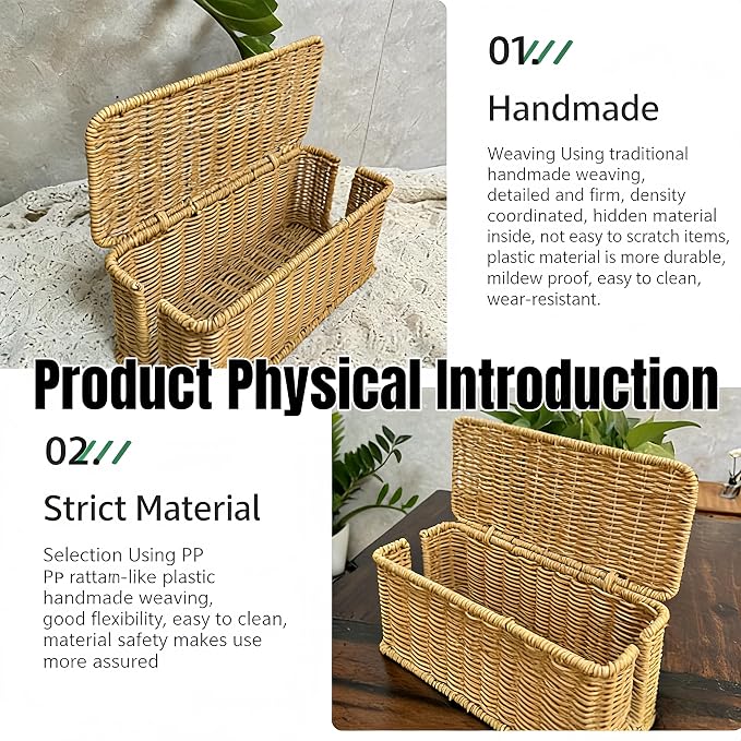 Rattan Woven Cable Management Box, 12.4"x5.1"x5.1" Farmhouse Style Power Strip Organizer, TV Stand Desk Cord Storage Box, Desktop Wire Organizer, PP and Iron Frame, Natural Color (Light)