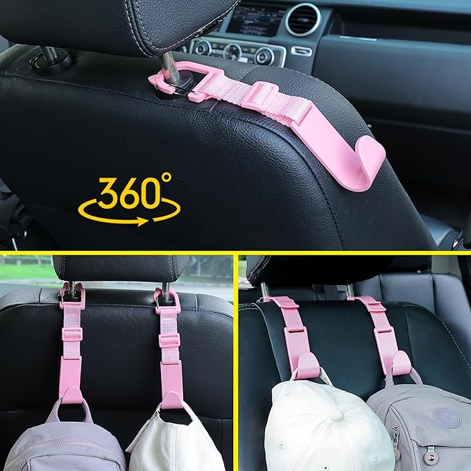 Amooca Car Headrest Hooks 4 Pack Adjustable Universal Fit Auto Seat Back Organizer Storage Hanger Purse Bags Holder with Clip Pink