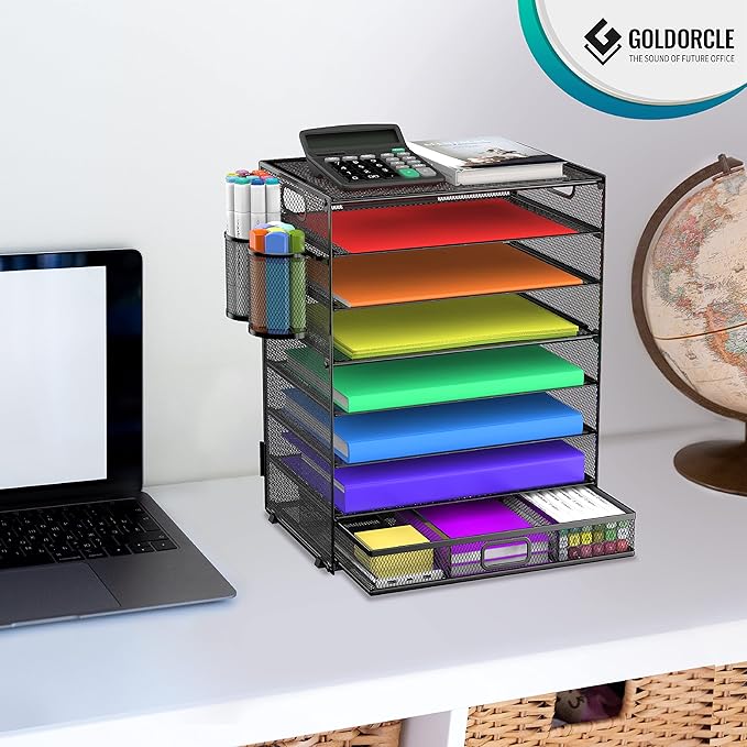 8 Tier Paper Letter Tray Organizer with Handles, Mesh Desk File Holder Storage Organization for Home School Classroom & Office (Black-with Drawer,Pen Holders)