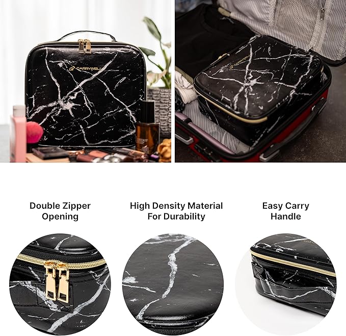 Carrywell Makeup Bag Travel Case, Not-Made In China, Hard Train Case for Cosmetics, Portable Beauty Artists Organizer, Storage Box With Adjustable Dividers For Make Up and Brushes, Small Marble