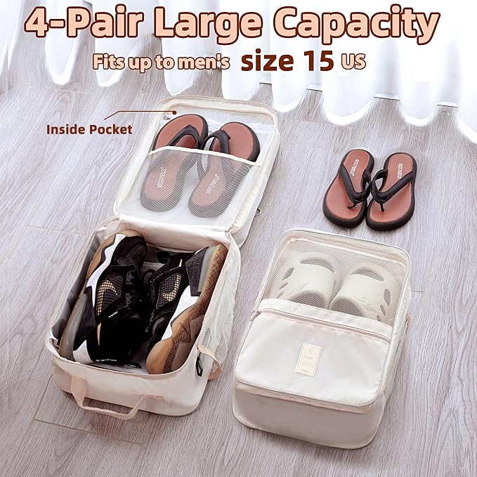 Large Shoe Bags for Travel Holds 4 Pair of Shoes, Shoe Storage Pouch with 3 Layers Compartments, Waterproof & Washable (Cream)