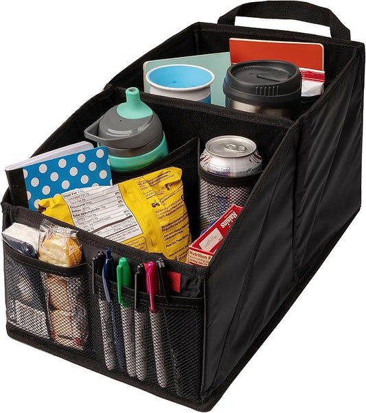 Lusso Gear Car Seat Organizer - Built-In Car Cup Holders & Mesh Pockets - Foldable Back Seat Organizer with Handles - Kids Road Trip Essentials - 9 Compartments, Black Oxford