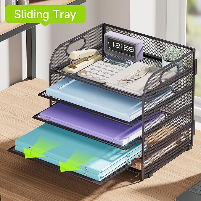 Cawukege 2 Pack 5 Tier Paper Organizer, Letter Tray with Handle, Mesh Desk Organizer, Metal File Organizer, Office Desk Accessories for Home, Office, Classroom, School -Grey