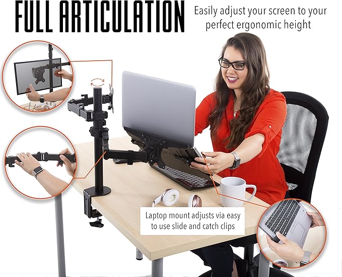 Stand Steady Monitor Mount + Laptop Stand | Height Adjustable Monitor and Keyboard Stand with Full Articulation and Desk Clamp Or Grommet | VESA Mount 13-32 inches (Arm + Laptop Clamp)