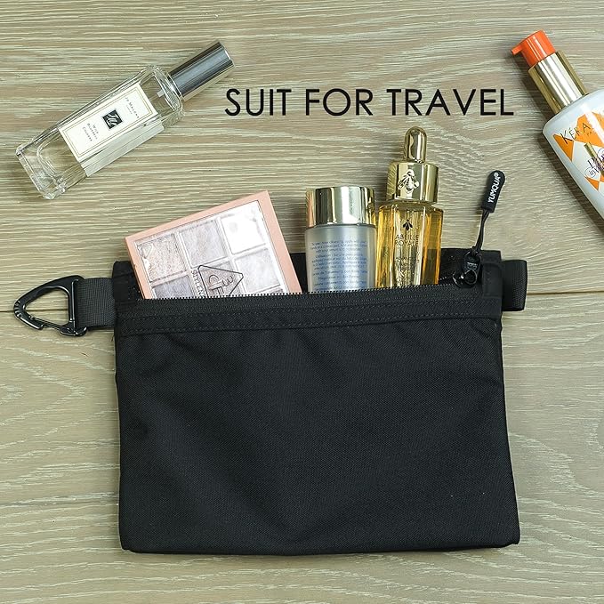 YUMQUA Water-Resistant Zipper Pouch with Carabiner Clip, Small Nylon Multipurpose Travel Digital Cosmetics Toiletry Bag Tool Storage Pouch, Black