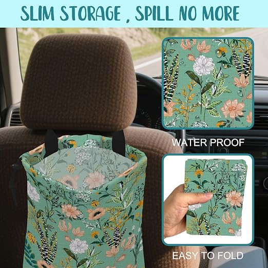 Car Garbage Bag Blooming Floral and Leaves Drawstring Car Trash Bag Hanging for Back Seat with Adjustable Buckle Canvas Vehicle Trash Can Easy-to-Install