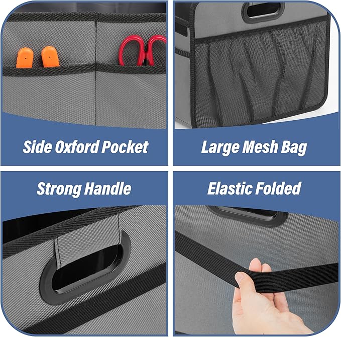 Simple Deluxe Car Trunk Organizer for SUV, Collapsible 2 Compartment 50L Automotive Storage Box with 5 Pocket, 600D Waterproof Oxford Polyester & Non Slip Bottom, Reinforced Handle, Grey