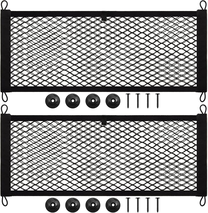 Frienda 2 Pieces Stretchable Small Cargo Net Pocket Storage Mesh Net Elastic Automotive Storage Pouch with 8 Pieces Mounting Screws and Hooks for Truck Car SUV Boats(25 x 9.8 Inches)