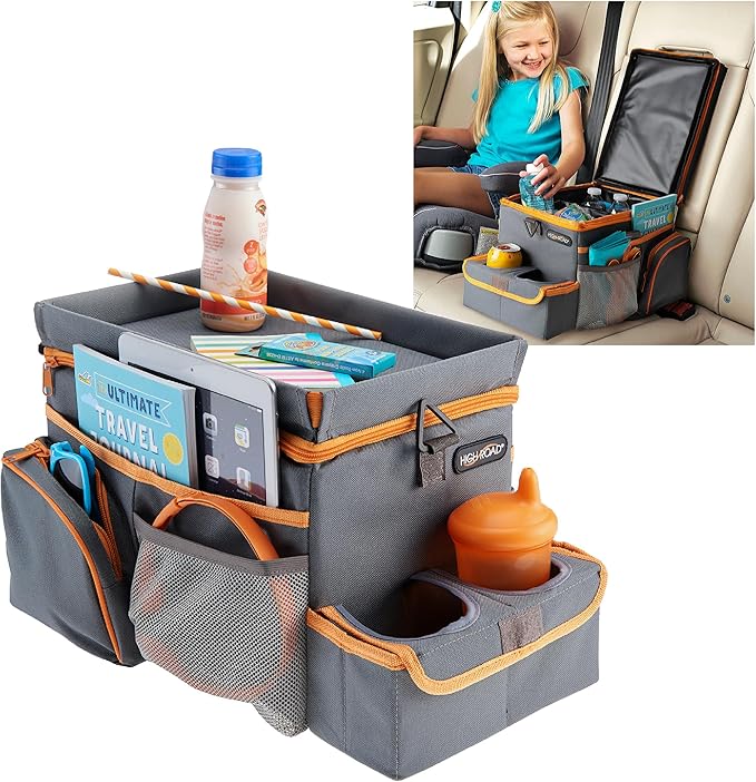 High Road CarHop Car Caddy Organizer with Road Trip Cooler, Car Cup Holder Bin, Sturdy Snack and Play Lid and 6 Organization and Storage Pockets, Gray