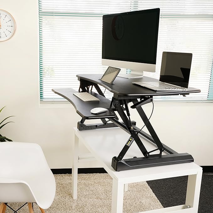 Standing Desk Converter 35 Inches - Height Adjustable Sit Stand Up Desk Riser fits Dual Monitors, Laptop Stand, Desktop Computer Station for Home Office with Pneumatic Spring - Black
