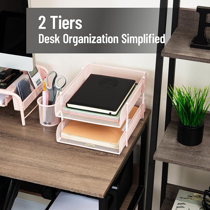 Mind Reader Stackable Paper Tray, Desktop Organizer, File Storage, Office, Metal Mesh, 2 Pcs, Pink