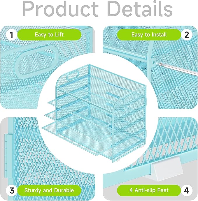 Cawukege 2 Pack 5 Tier Paper Organizer, Letter Tray with Handle, Mesh Desk Organizer, Metal File Organizer, Office Desk Accessories for Home, Office, Classroom, School -Blue