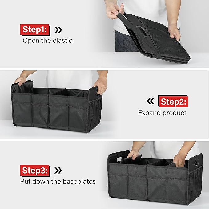 Simple Deluxe Car Trunk Organizer, 2 Compartments Collapsible Trunk Storage, Anti-slip Design, Made of Waterproof 600D Oxford Polyester, Suitable for Minivan, SUV, Truck, Standard Size, Black, 2 Pack