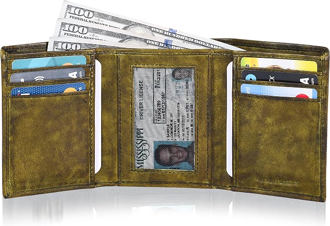 Tri fold Leather Wallet for Men with RFID | Slim Wallets for Men with 1 ID and 6 Credit card slots | Front Pocket Minimalist