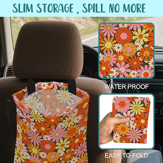 Car Trash Bag Retro Abstract Groovy Flowers Hanging Drawstring Car Organizer and Storage Bag with Adjustable Buckle Canvas Garbage Bin for Back Seat or Hanging Headrest Car Decor Road Trip Essentials