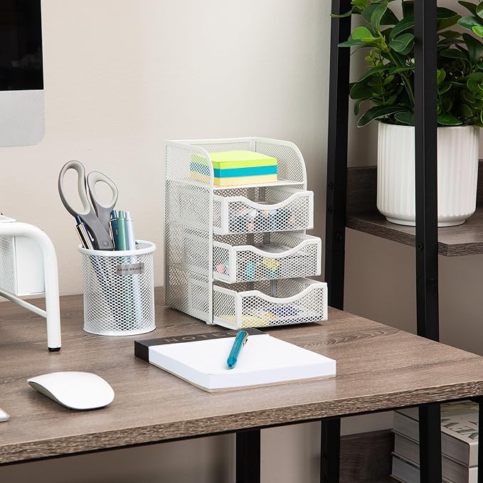 Mind Reader Desktop Accessory Storage, Paper Binder Clip Basket, Workspace, Office, Metal Mesh, 4.75"L x 5"W x 8"H, White