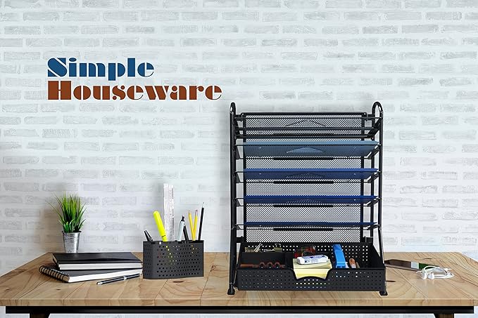 Simple Houseware 6-Tier Desk Document File Tray Organizer with Supplies Sliding Drawer, Black