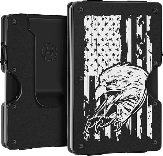 Minimalist Aluminum Metal Wallets for Men with Money Clip - Engraved Eagle and American Flag - Slim Front Pocket RFID Blocking Credit Card Holder for Travel Business