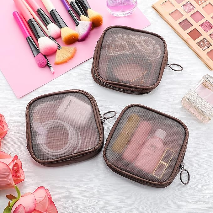 Weewooday 4 Pcs Mesh Makeup Bag Mesh Cosmetic Bag Travel Toiletry Pouch with Zipper Mini Makeup Cosmetic Purse for Daily Accessory(Small,Brown)