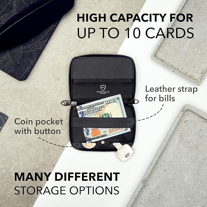 Vaultskin NOTTING HILL Minimalist Leather Zipper Wallet for Women and Men: Slim Multi Cardholder with RFID Blocking and Keychain Ring