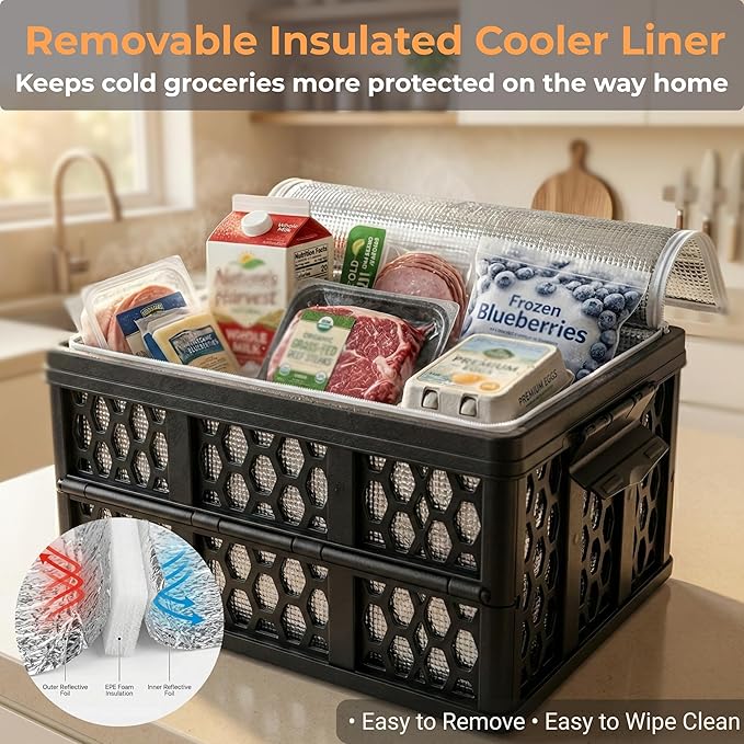 Mymazn Trunk Crate Organizer with Cooler for Car, Collapsible Plastic Trunk Lid Organizer Box for Travel, Groceries, Sports, Home, Tailgating | Removable Insulated Cooler Set