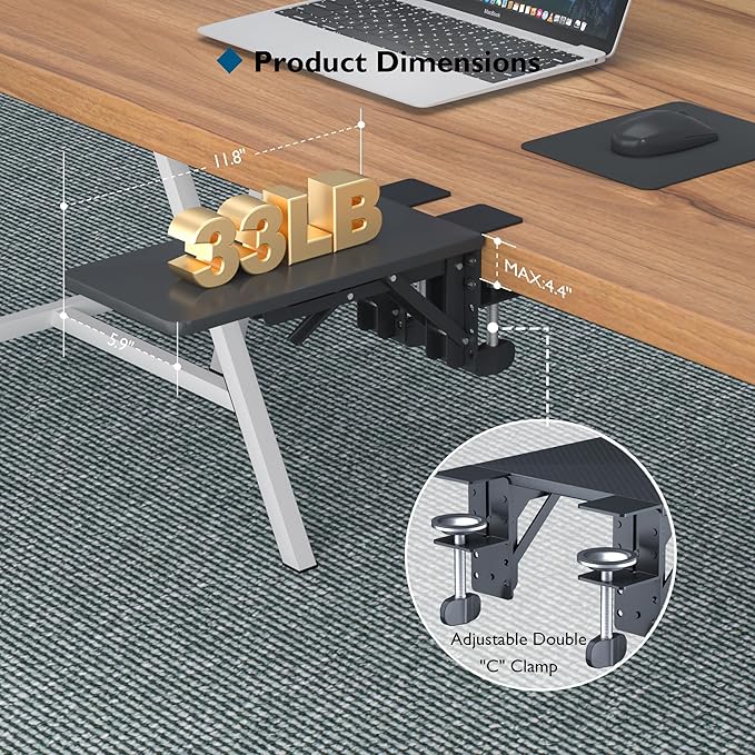 BONTEC Desk Extender Tray, 11.8"x5.9" Table Mount Arm Wrist Rest Shelf, 90°Foldable Elbow Support, Clamp on Computer Arm Rest for Desk, Office & Home Use, Durable & Easy to Install