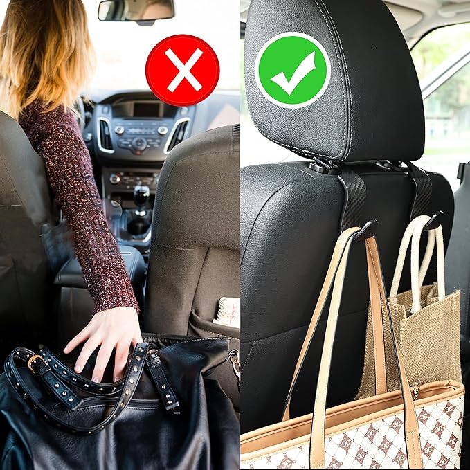 Car Seat Headrest Hook Universal Vehicle Seat Hook Hangers Interior Storage Organizer for Purse Handbag Coats Umbrellas Grocery Bags 4 Pack Black