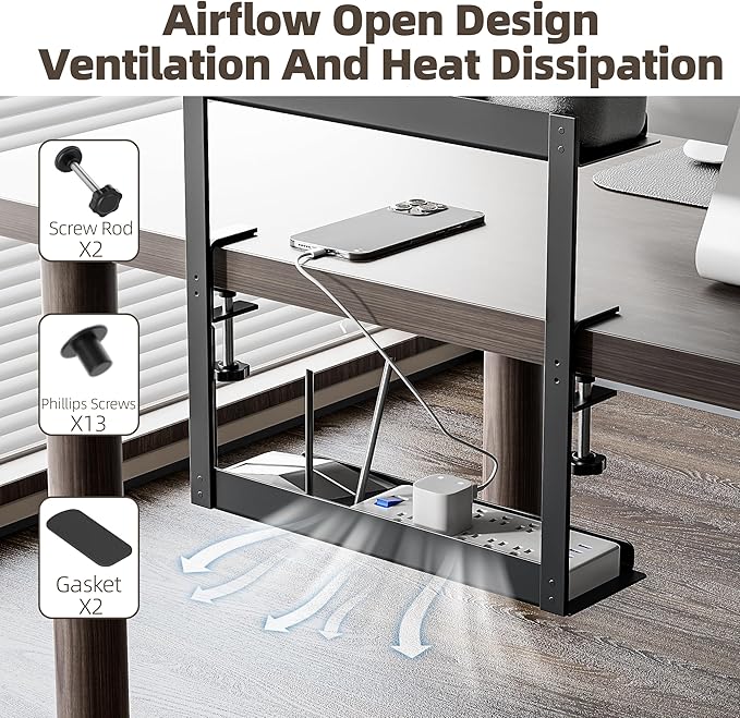 Delamu 2-Tier Clamp On Desk Shelf, 14.2in Desktop Shelves Organizer, Small Desk Organizer with Cord Hider, Table Extender Attachment Shelves for Workspace & Gaming Accessories, Black