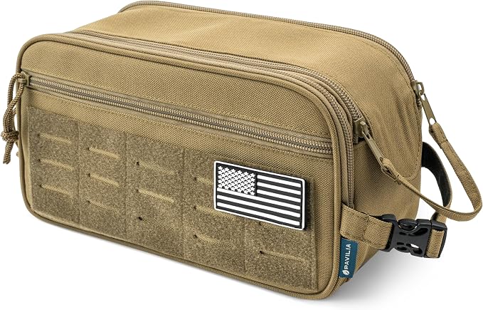 PAVILIA Tactical Toiletry Bag for Men, Water Resistant Molle Military Dopp Kit, Travel Hygiene Organizer with Wet Dry Storage for Shaving, Grooming, Gym and Camping, Tan XL
