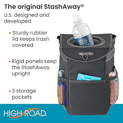 High Road StashAway Heavy Duty Car Trash Can with Rubber Lid, 3 Storage Pockets and Sturdy Panels for Stable Floor or Hanging Seatback Use (Black)