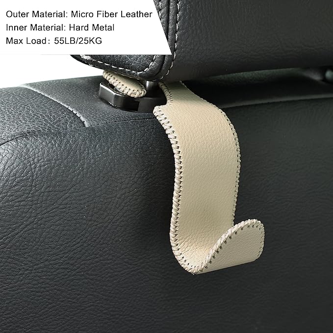 Amooca Car Seat Headrest Hook Universal Vehicle Storage Hanger Leather with Metal Car Seat Back Organizer for Handbag Purse Coat Beige 4 Pack